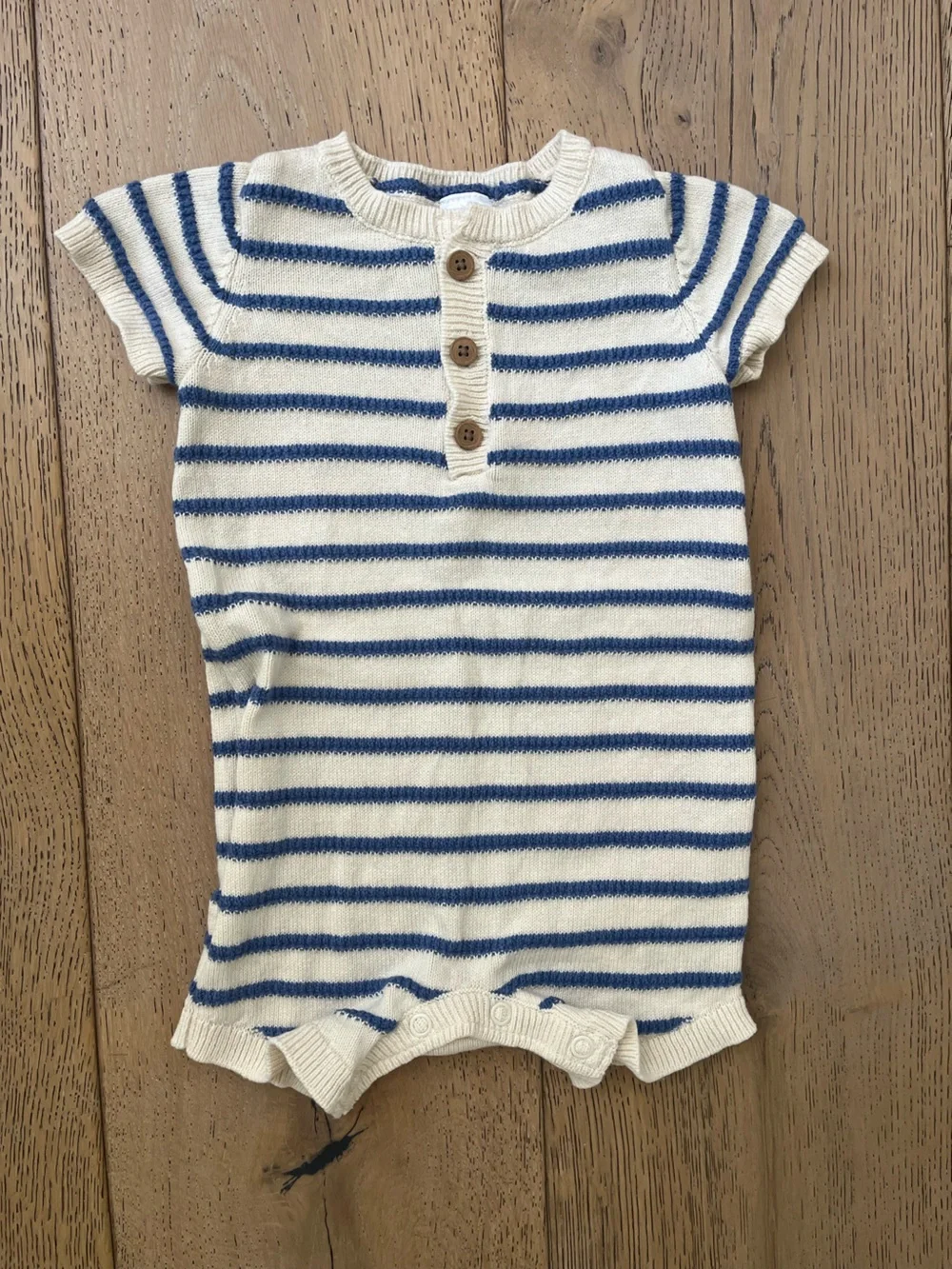 Carter’s Baby Boy Romper Blue Cream Stripe Knit Buttons 3-6 month Cotton Oeko